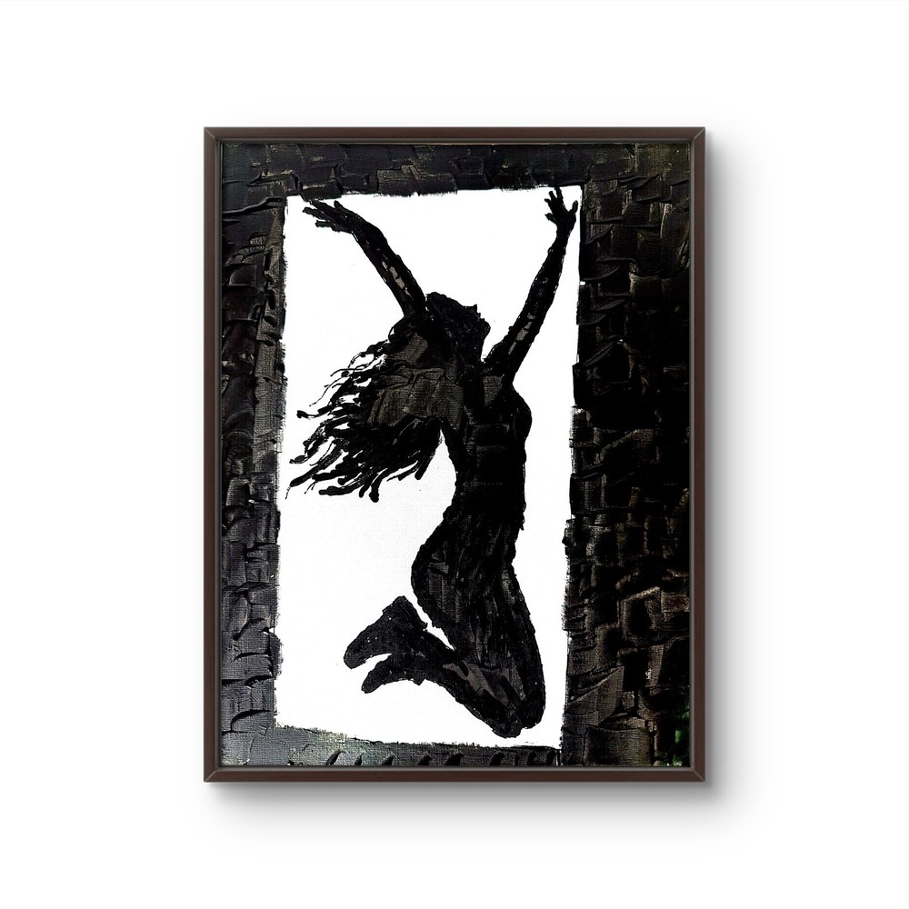Papa Diouf Original Painting Jumping Woman Silhouette Black White 11x14 NEW
